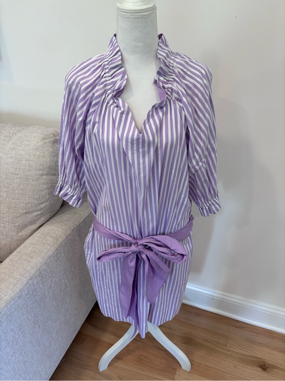 Sara Campbell lavender and white striped ruffle-collar dress size large